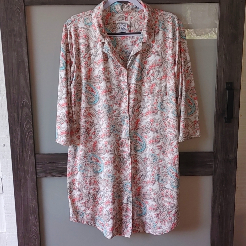 Echo Sleepwear Long Sleeve Button Down Floral Paisley Nightgown
